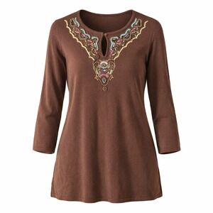 Joseph A‎ Womens Brown Beaded Keyhole Neckline 3/4 Sleeve Knit Sweater Top Large
